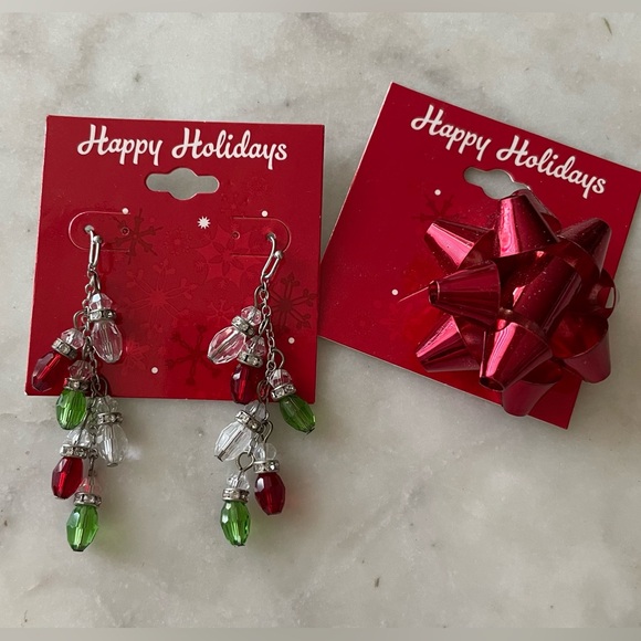NWT- Holiday / Christmas Light Earrings and Bow Pin - Picture 1 of 6